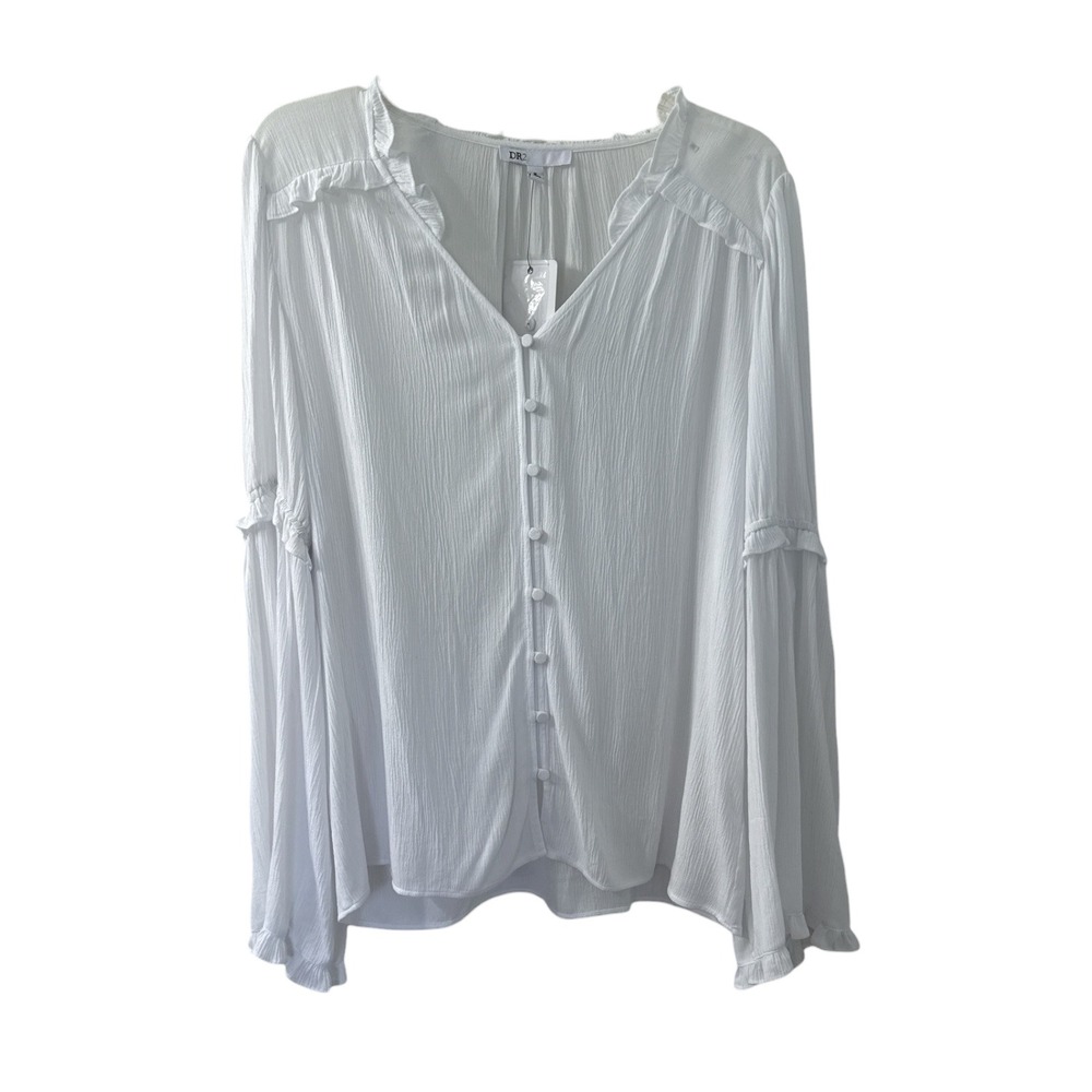 DR2 Womens White Boho Rayon Ruffle V-Neck‎ Bell Sleeve Button Front Blouse M